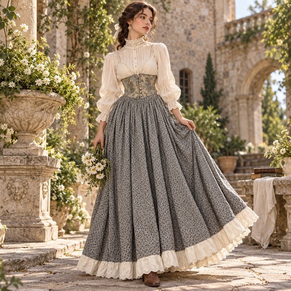 Handmade Dresses & Skirts - Vintage Ren Faire Prairie Maxi Skirt Womens Size M Grey Floral Eyelet Lace Trim